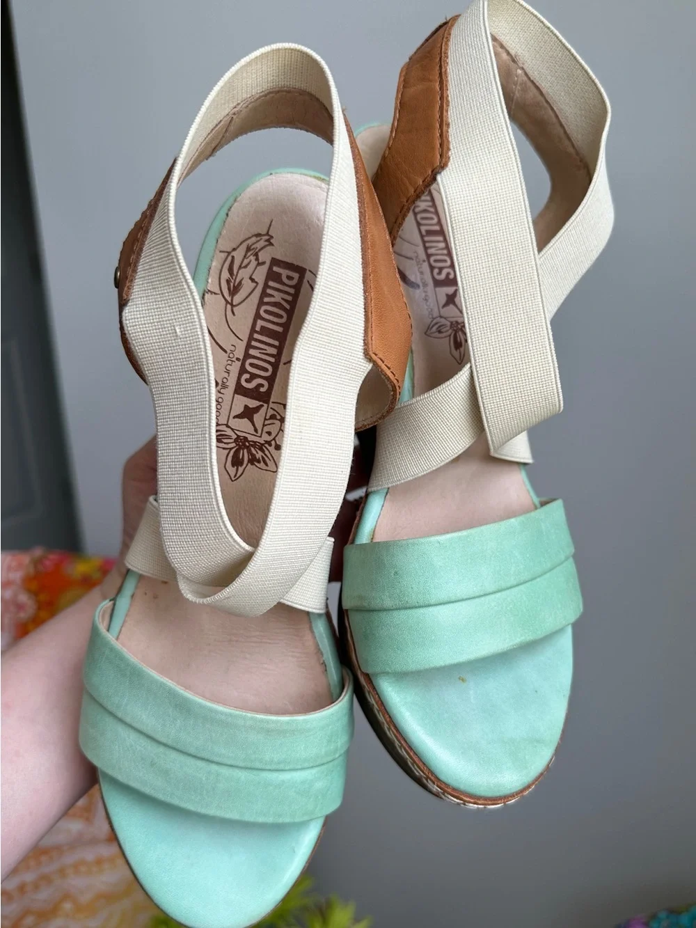 Pikolinos Mint Green Wedge Sandals with Elastic Cross Straps